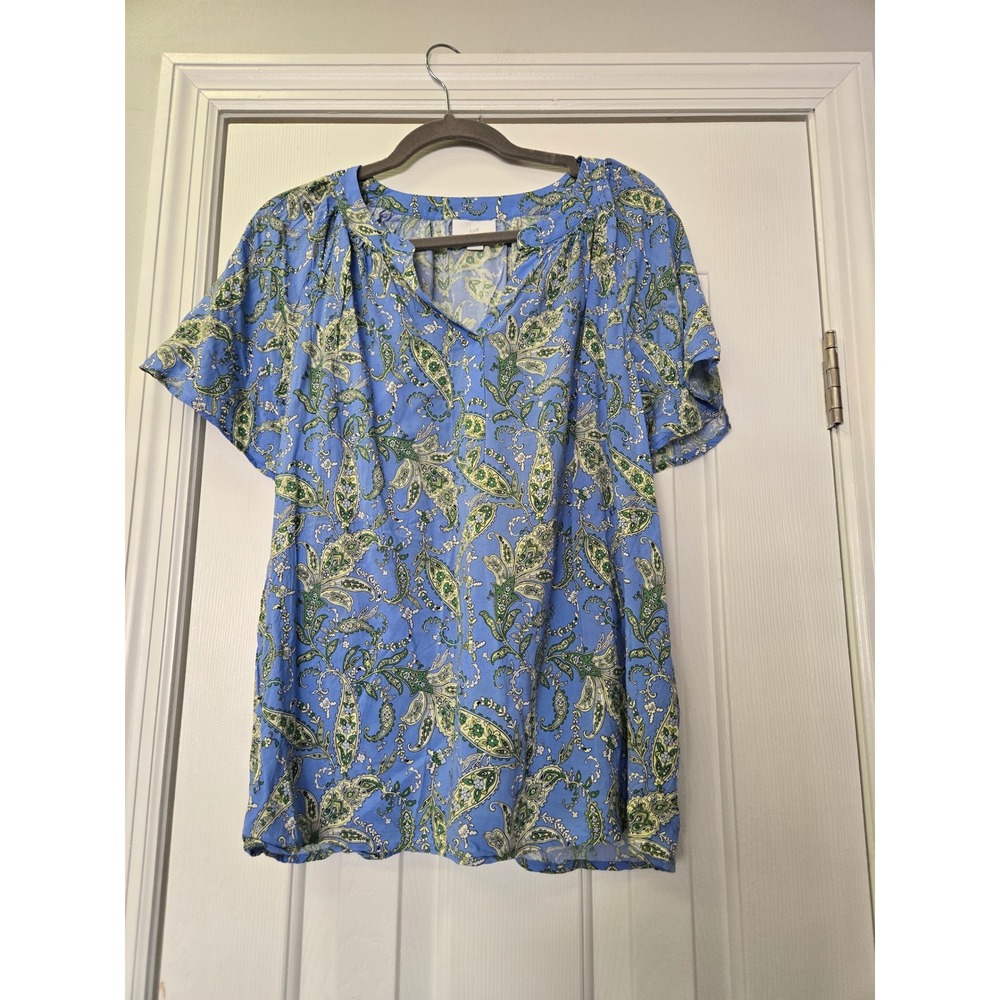 J. Jill Blue Paisley Rayon Split Neck Short Sleeve Blouse Top Size M